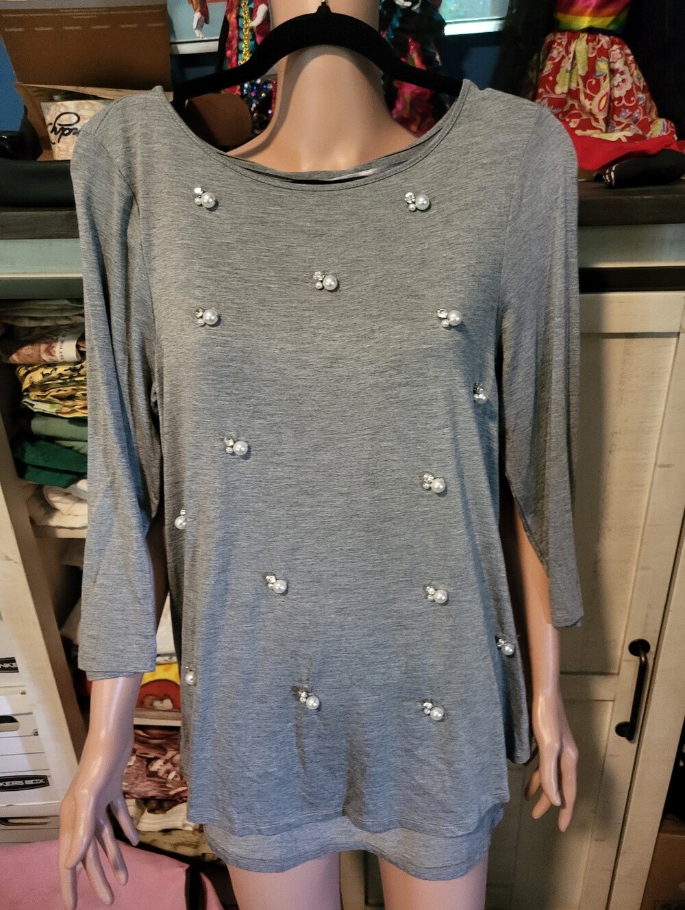 Cupio Gray Pearl-Embellished Long Sleeve Top